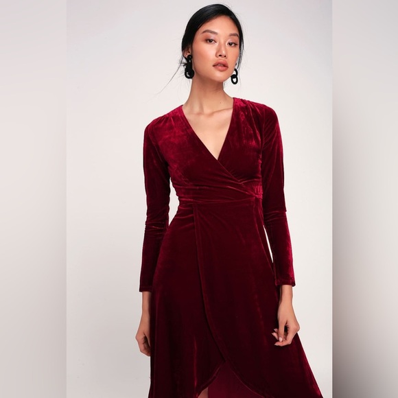 Lulus Silver Screen Burgundy Velvet Long Sleeve Midi Dress Small Holiday Party - Picture 12 of 13